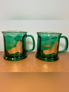 Alaska Green Glass Coffee Mugs (2) with Gold Trim and Eagle Design